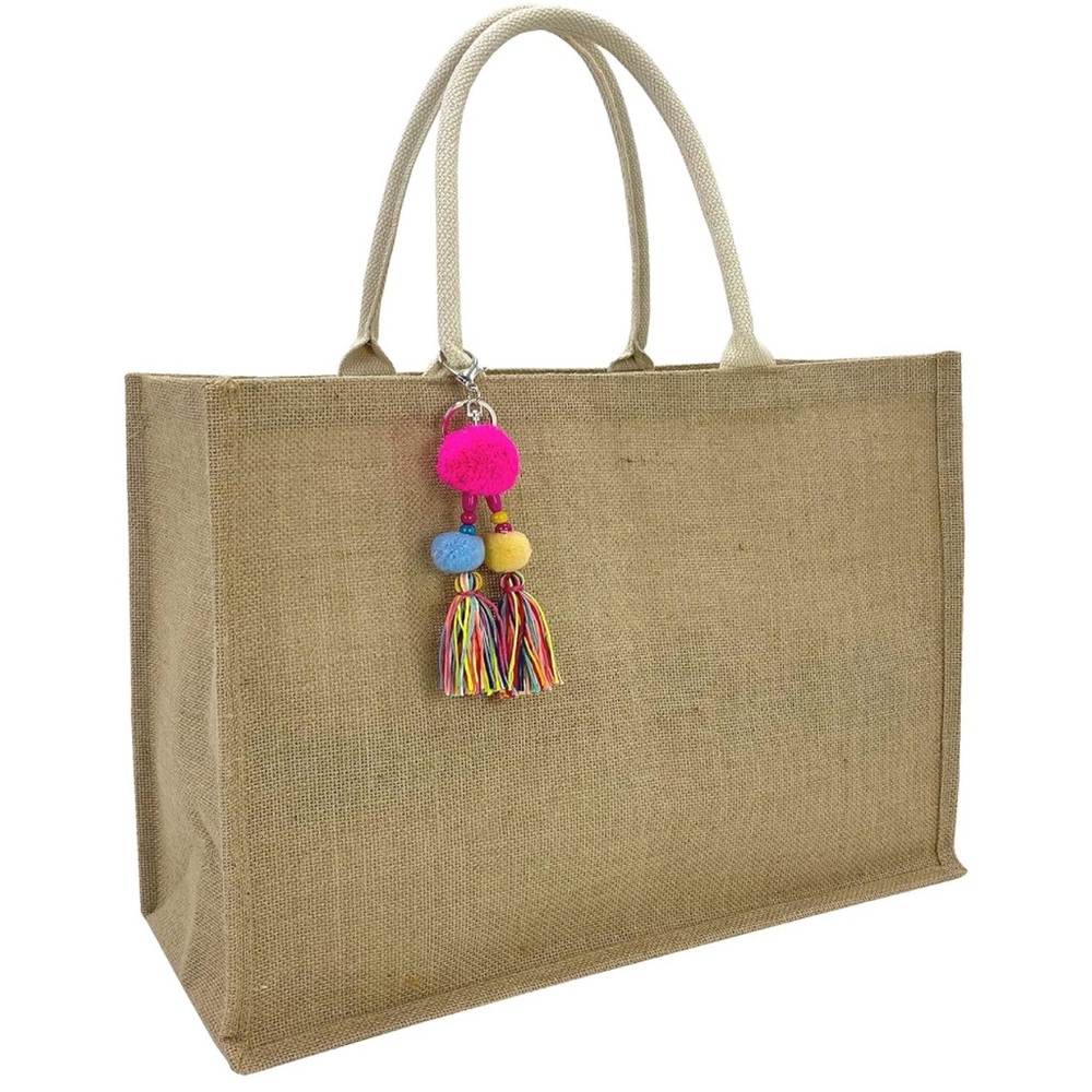 NWOT Stylish Tan Tote Bag with Colorful Tassel
